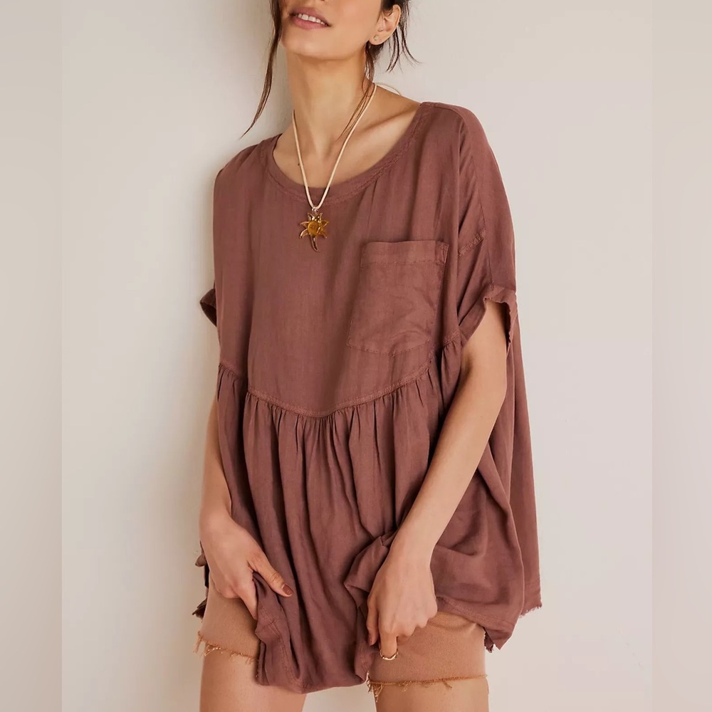 NWT Free People Linen Moon City Top Oversized Babydoll Brown Shirt We The Free